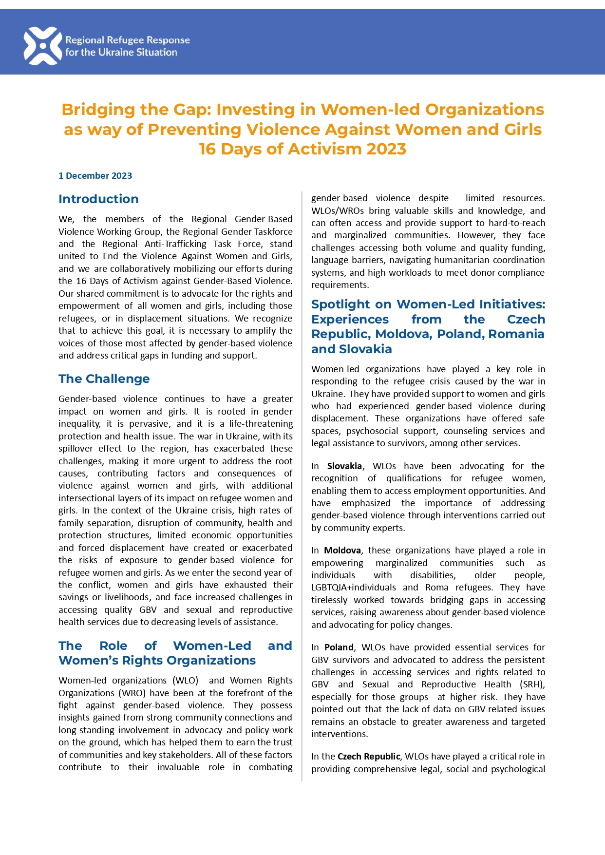 Bridging the Gap: Investing in Women-led Organizations as way of Preventing Violence Against Women and Girls 16 Days of Activism 2023